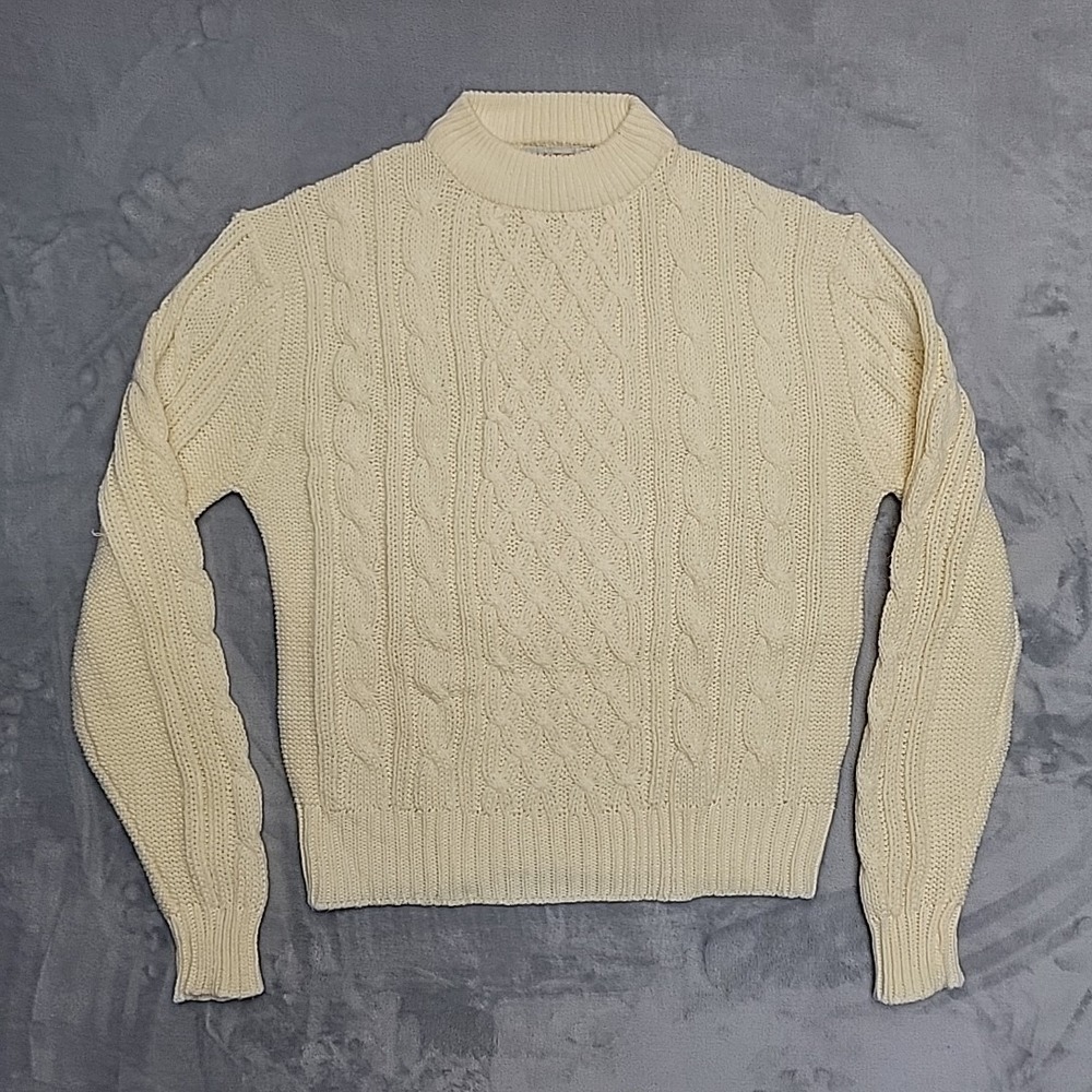 Vintage HGG Collection Cable Knit Sweater Mens L Cream Mock Neck Acrylic Retro